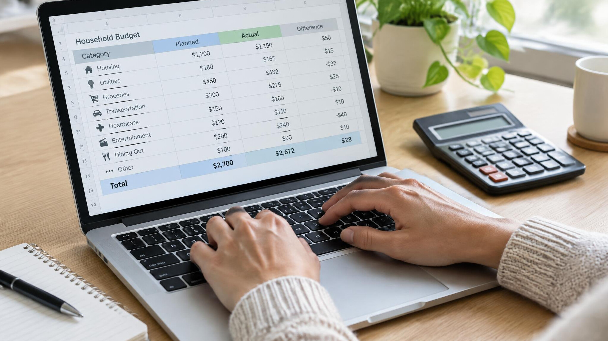Hands typing on a laptop with a budget spreadsheet on screen
