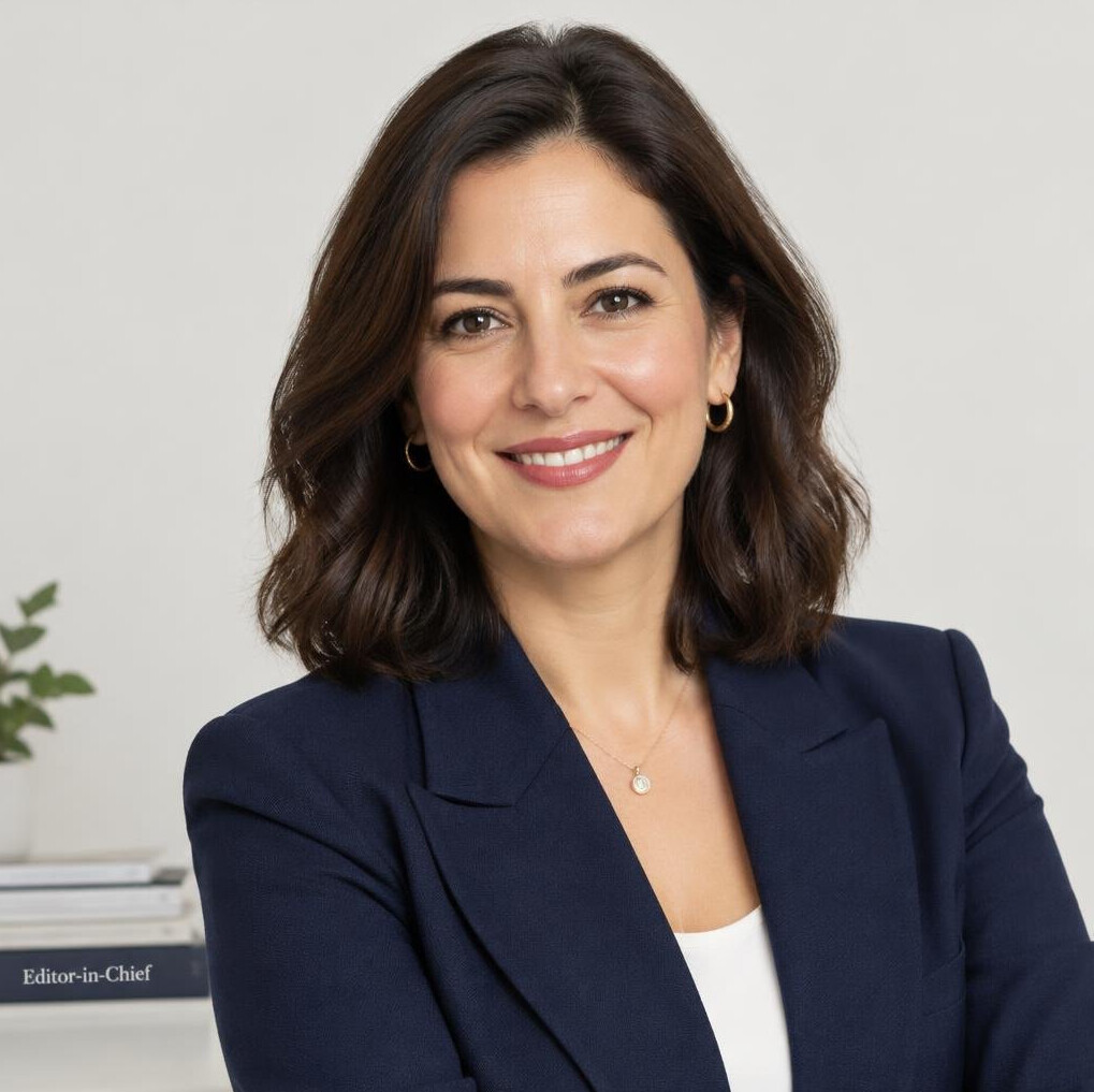 Portrait of a smiling Turkish woman in her late 30s with dark hair