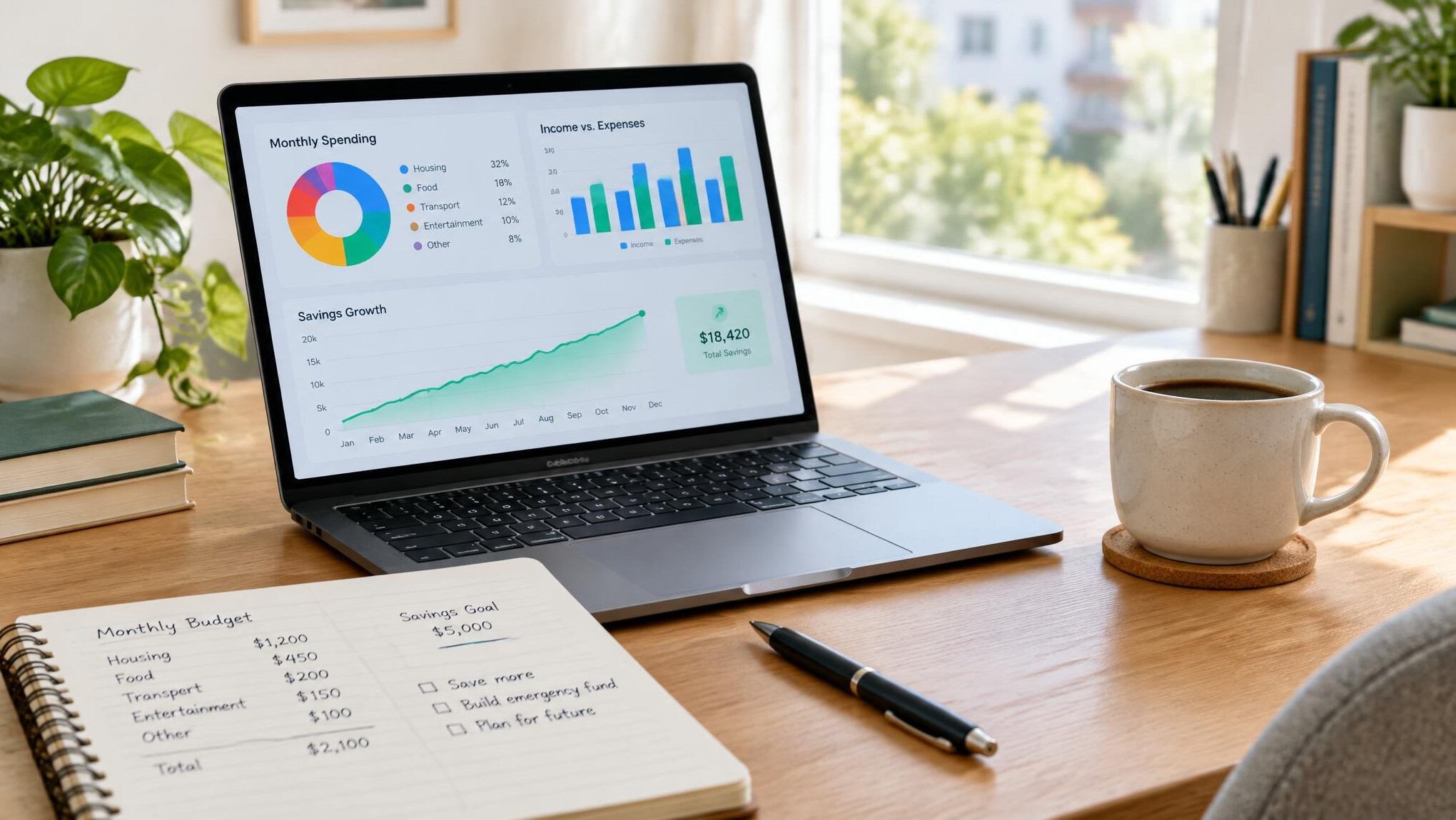 Laptop on a bright desk showing financial charts next to a notebook and a cup of coffee