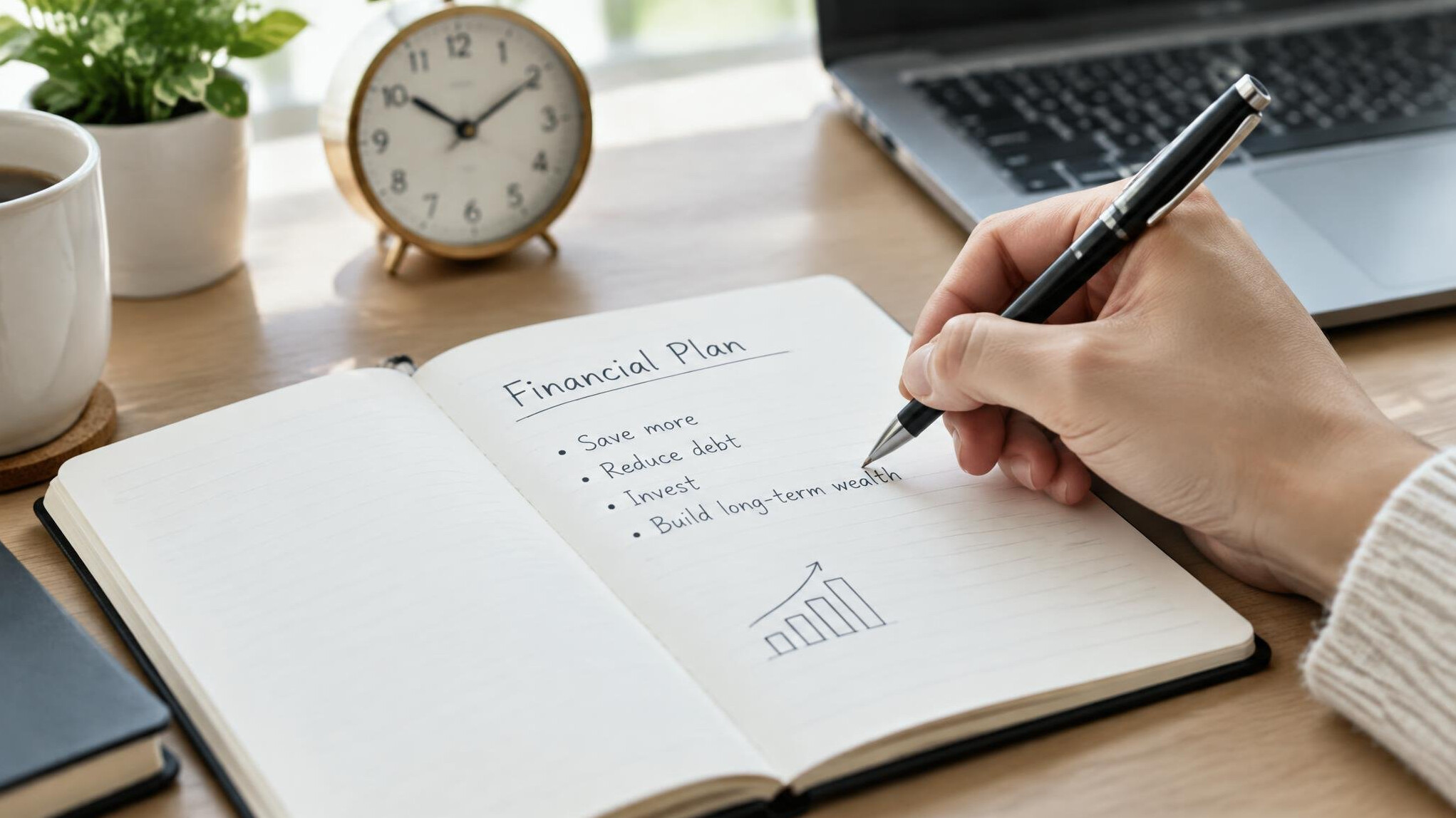 Hand writing a financial plan in a notebook at a desk