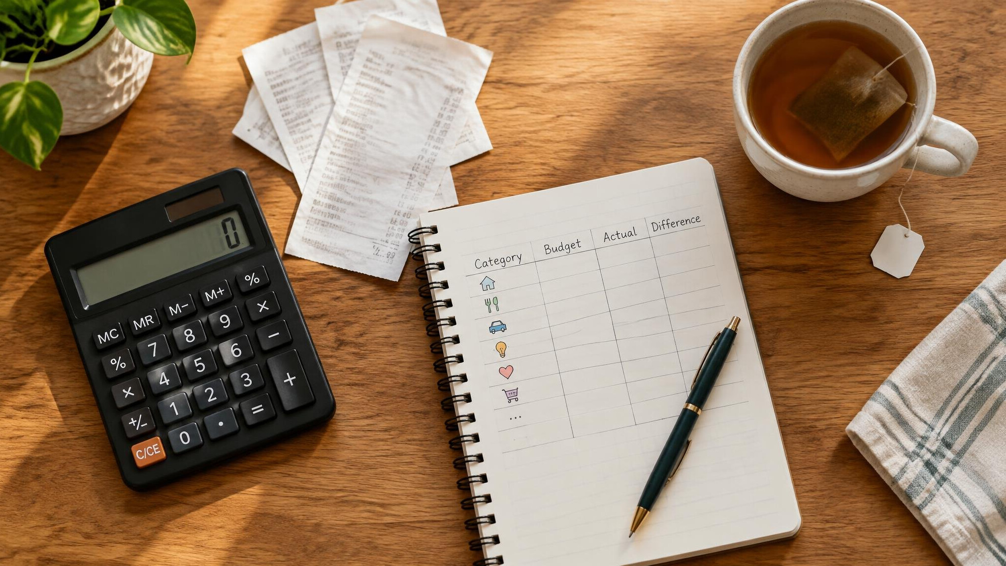 Calculator, receipts and notebook on a kitchen table for household budget planning