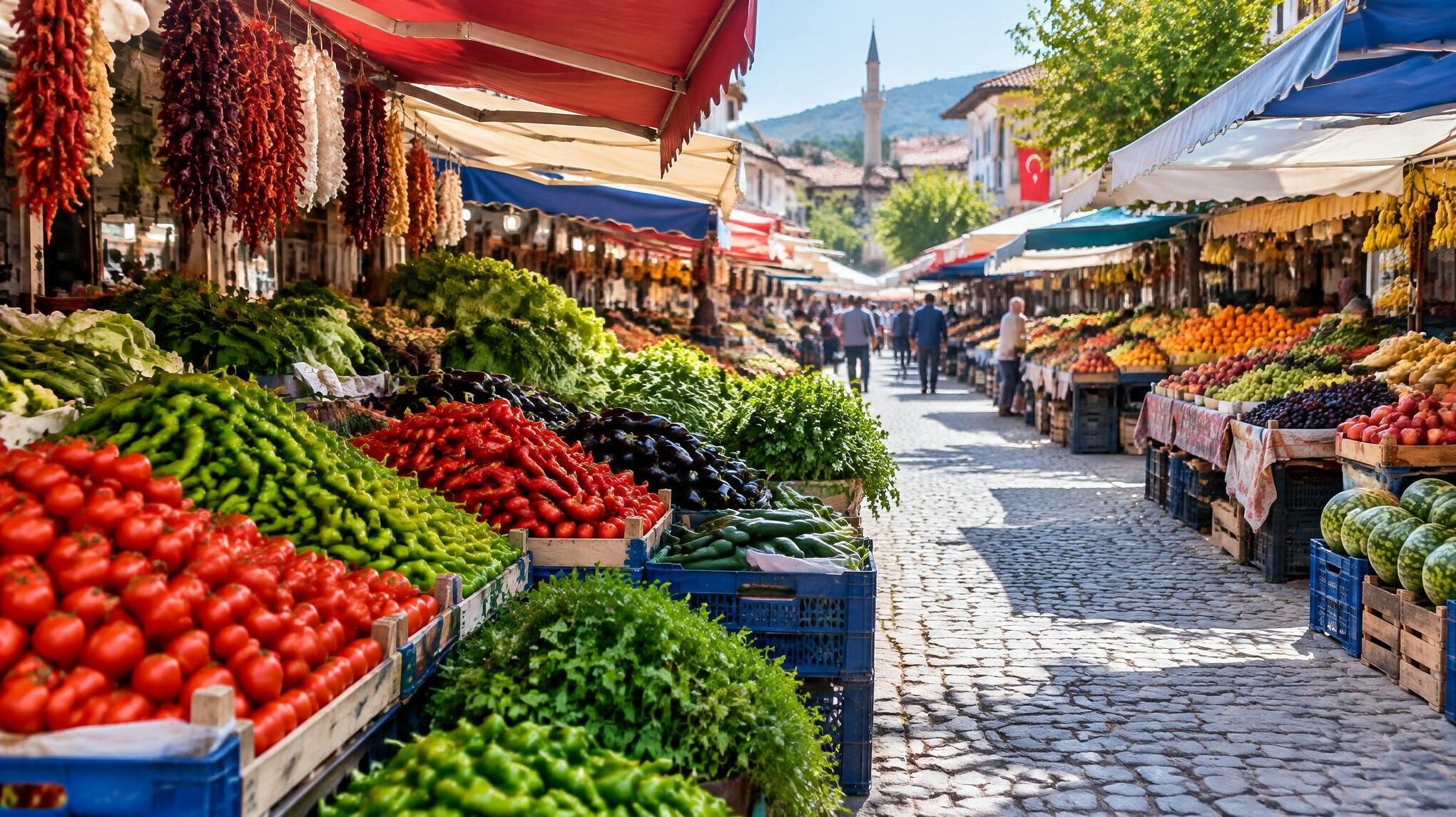 Colorful vegetable and fruit stalls at a local market in Turkey