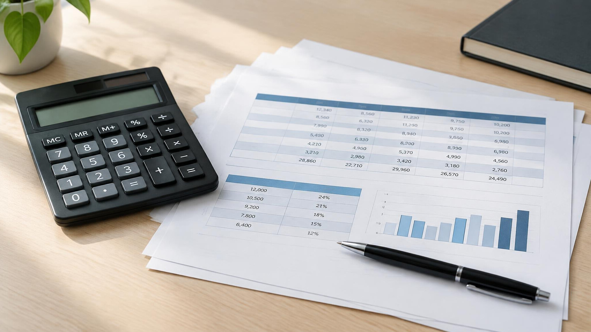 Calculator, pen and printed documents on a desk