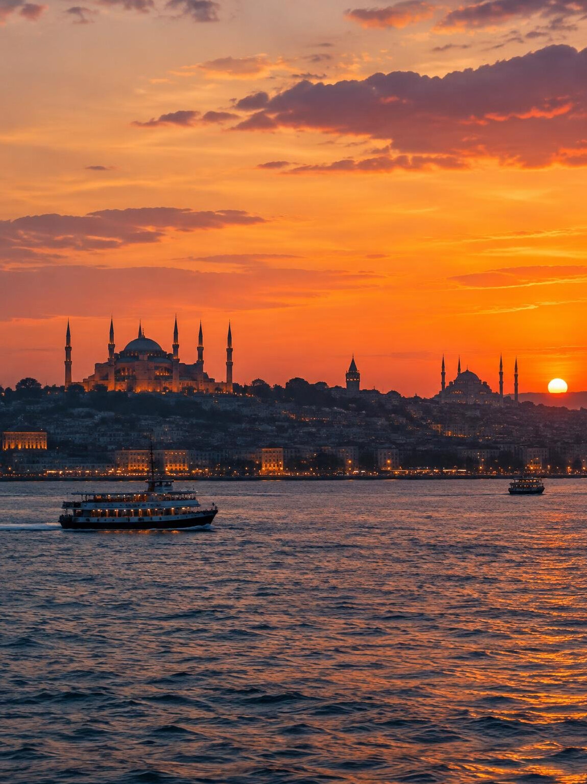 Istanbul skyline with mosques and the Bosphorus at dusk