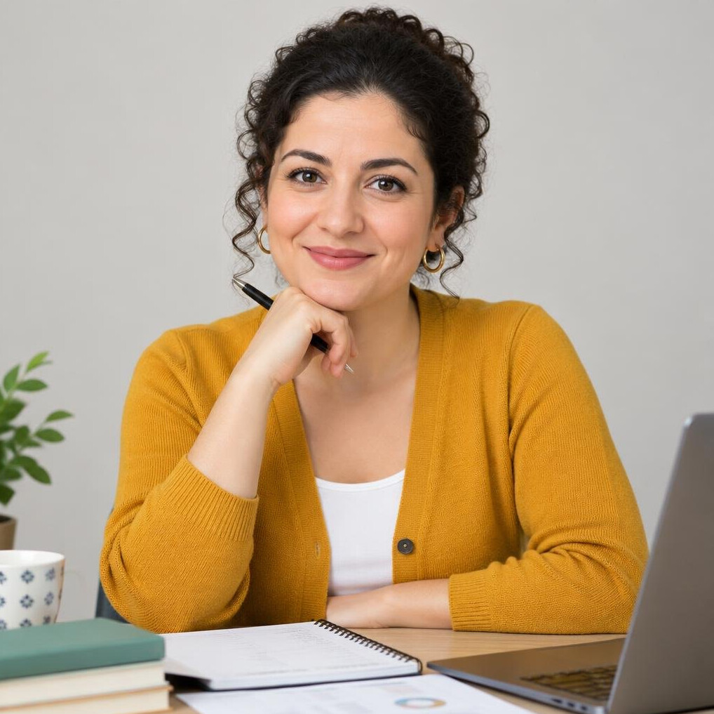 Portrait of a Turkish woman in her 30s with dark curly hair