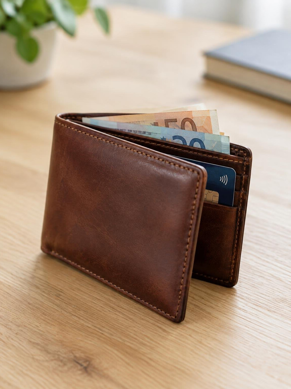 Leather wallet with banknotes and a bank card on a table