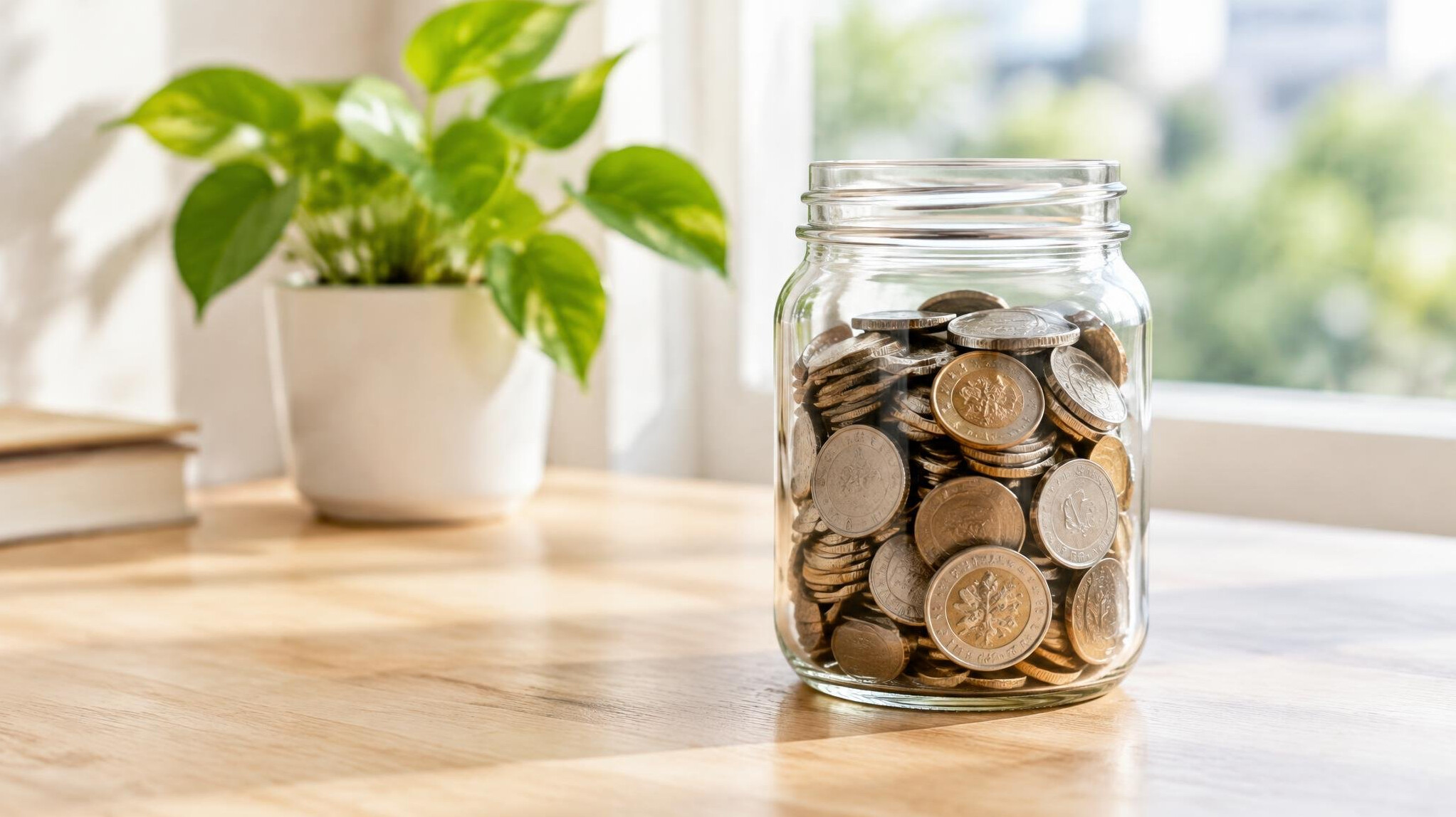 Glass jar filled with coins on a wooden table
